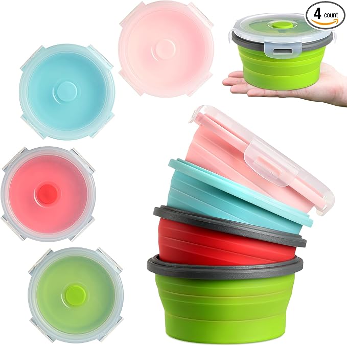 4 Pcs Collapsible Bowls with Lids Silicone Camping Food Storage Container Expandable Folding Salad Lunch Box Travel Container for Hiking Camping