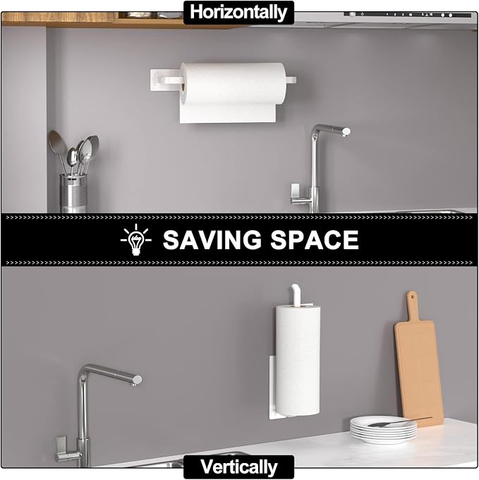 Paper Towel Holder - Self-Adhesive or Drilling, White | Under-Cabinet or Wall-Mounted | Kitchen Roll Dispenser | Upgraded Aluminum | Lighter Yet Stronger Than Stainless Steel