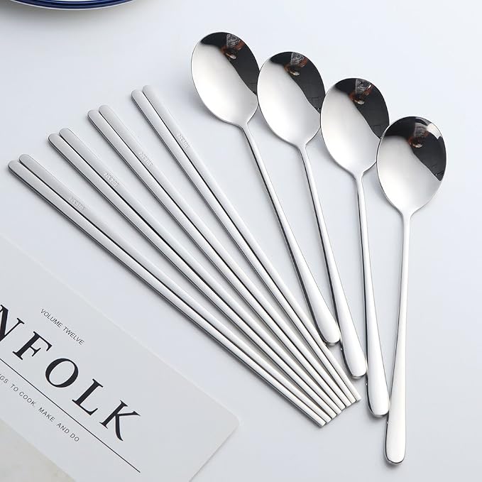Buyer Star 4 Set Silver Korean Chopsticks Spoon Set Reusable Metal Stainless Steel Spoon Chopstix Set