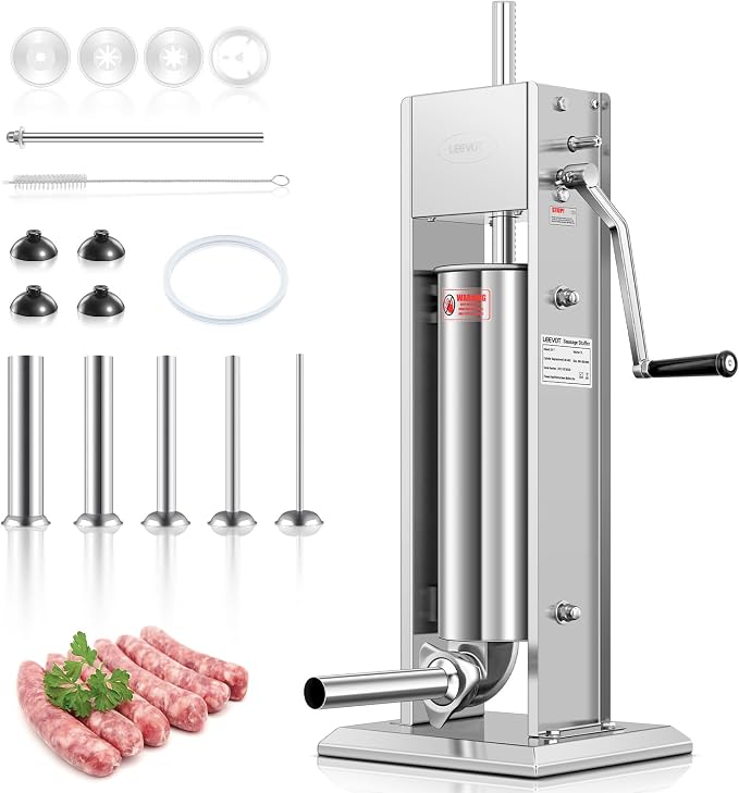 15LBS/7L Manual Sausage Stuffer, Professional Stainless Steel Sausages Maker & Filler Kit with 2 Speed, 5 Stuffing Tubes, Vertical Meat Stuffers for Home Kitchen, Commercial Use