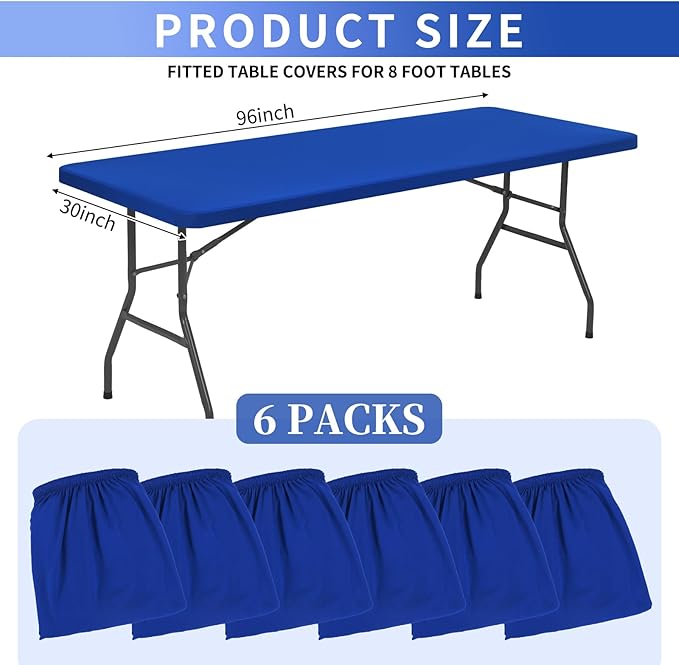 6 Pack Stretch Fabric Table Top Cap Cover, fits 8' Tables, Spandex Table Covers Washable Elastic Rectangle Tablecloth Protector for Indoor Outdoor Party Picnic Wedding, Royal Blue, 30" W x 96" L