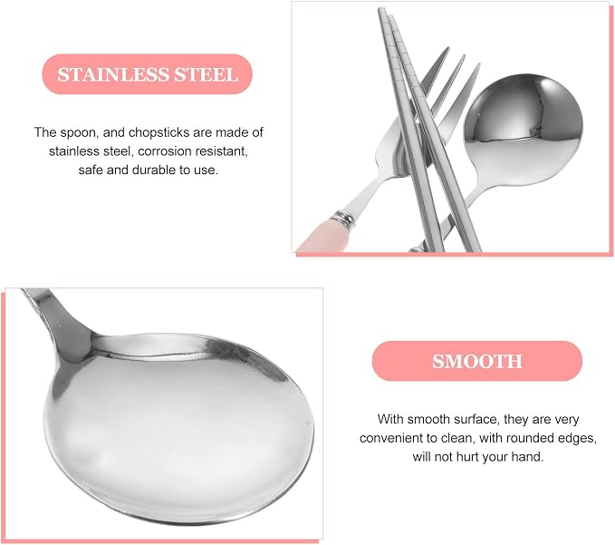 4 PCS Travel Utensils with Case, Portable Stainless Steel Reusable Cutlery Set for Lunch Box, Includes Spoon Fork Chopsticks, Small Pink Cartoon Flatware for Students, Kids School, Office, H