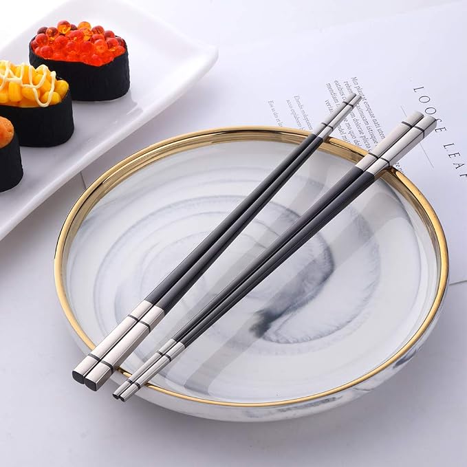 Buyer Star 5-Pair Black Stainless Steel Chopsticks - Metal Reusable Chinese Square Chopsticks