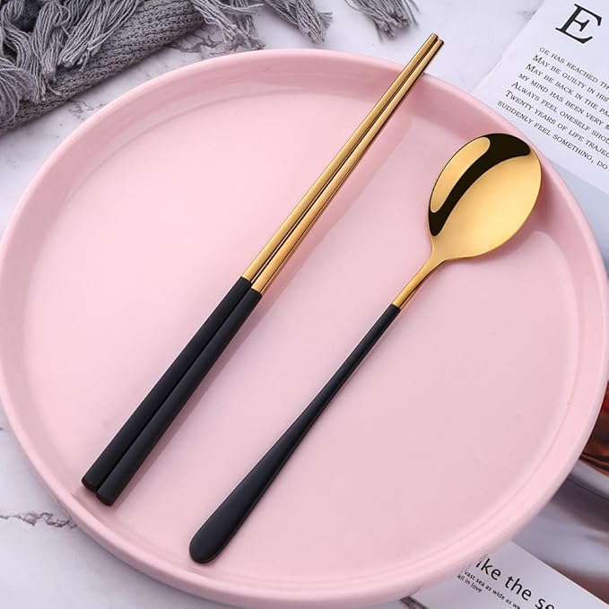 TEAHA Reusable Korean Chopstick and Spoon Set,4 Sets Long Handle Stainless Steel Spoon and Chopsticks Set,Metal Chopsticks Dishwasher Safe, Black Gold.