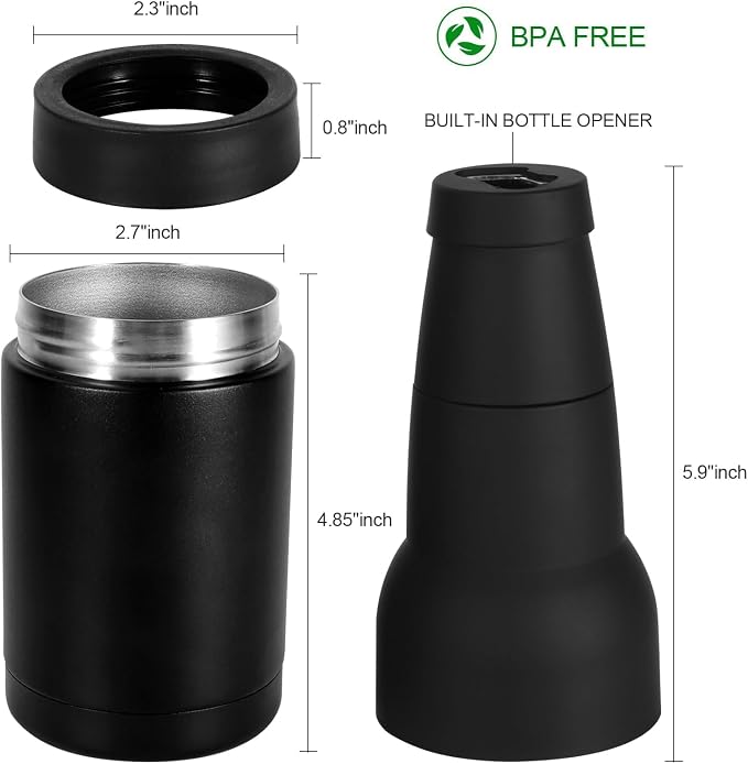 12oz Universal Beer Bottle Cooler Double Walled SS Beer Can Holder | 3 in 1 Can Koozie with Beer Opener Vacuum Insulated - fit Fishing, Camping Outdoor Activities and Nice Gift for Men (Black)