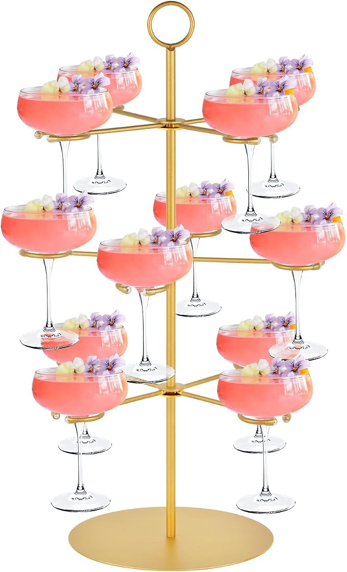 QPIX DIGITAL Champagne Tower,Metal Cocktail Tree Stand 3 Tier - 12 Holders For Champagne, Cocktails, Martini, Margarita Cups at Weddings,Bridal Parties & Events,Cocktail Glass Gold Holder
