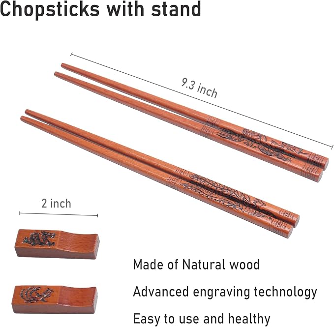 Dragon & Phoenix Reusable Chopsticks Set with Holders - Wooden Chopsticks 2 Pairs for Wedding & Anniversary Gift (Dragon and Phoenix)