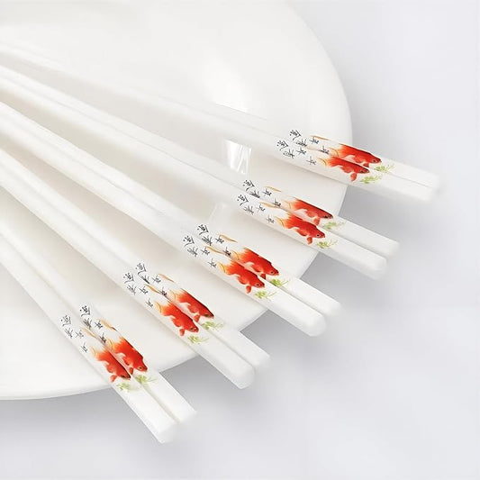 Ceramic Chopsticks Reusable,5 Pairs Porcelain Chop sticks,Red Fish,9.7'' | Easy to Clean,Dishwasher Safe,Heat Resistant,with a Gift case,Cooking Chopsticks,High-grade Bone China Porcelain