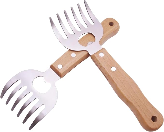 Stainless Steel Meat Shredder Claws with Wooden Handles | Built-In Bottle Opener, Heavy-Duty BBQ Tool for Shredding Pulled Pork, Chicken, Turkey and Beef Easily