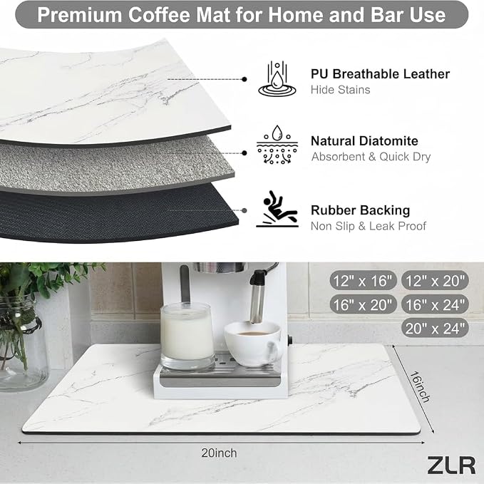 ZLR Coffee Bar Mat for Coffee Station, 16"x20" Large, Marble White | Absorbent Dish Drying Mat, Stain-Hiding Top, Non-Slip Back, Fits Espresso, Grinder, Knock Box, Frother & Cup Display