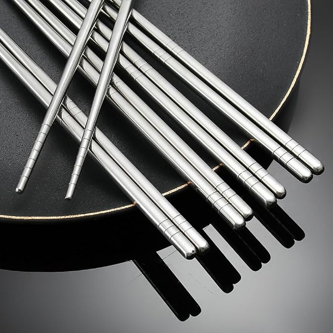 Metal Chopsticks Set 5 Pairs, Stainless Steel Square Chopsticks 8.86 in, Mirror Polished Silver, Non Slip Tip Reusable Chop Sticks for Noodles Dumplings Sushi, Dishwasher Safe