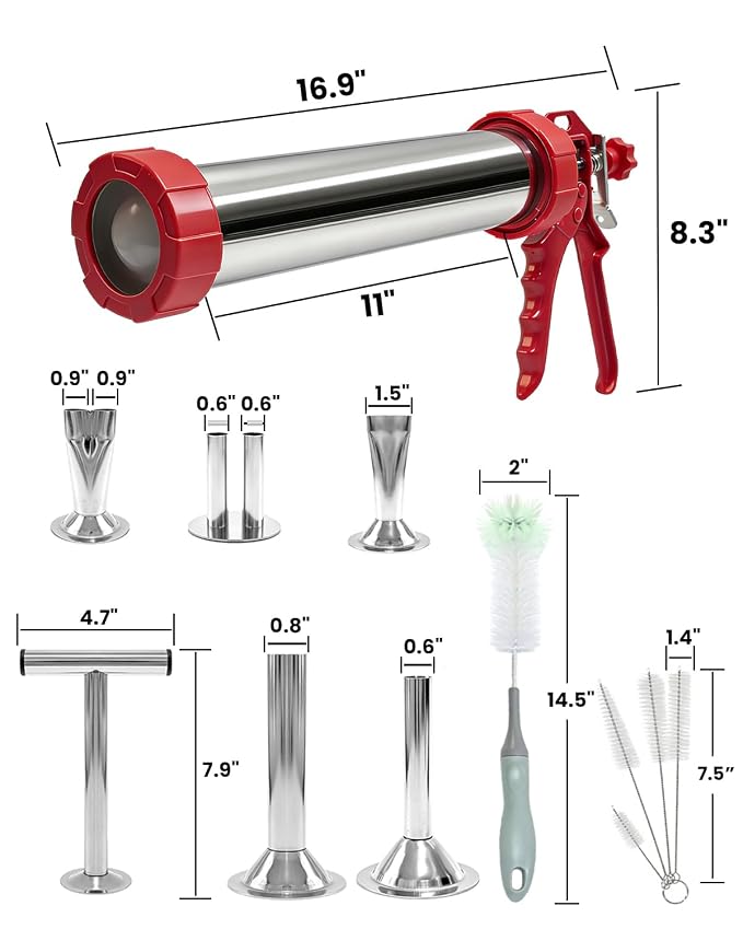 2LB Jerky Gun Kits, Sausage Stuffer, Stainless Steel Beef Meat Maker, Beef Stick Gun, Jerky Shooter Cannon with 5 Versatile Nozzles, 5 Cleaning Brushes and 1 Meat Pusher, Gifts for Women Men