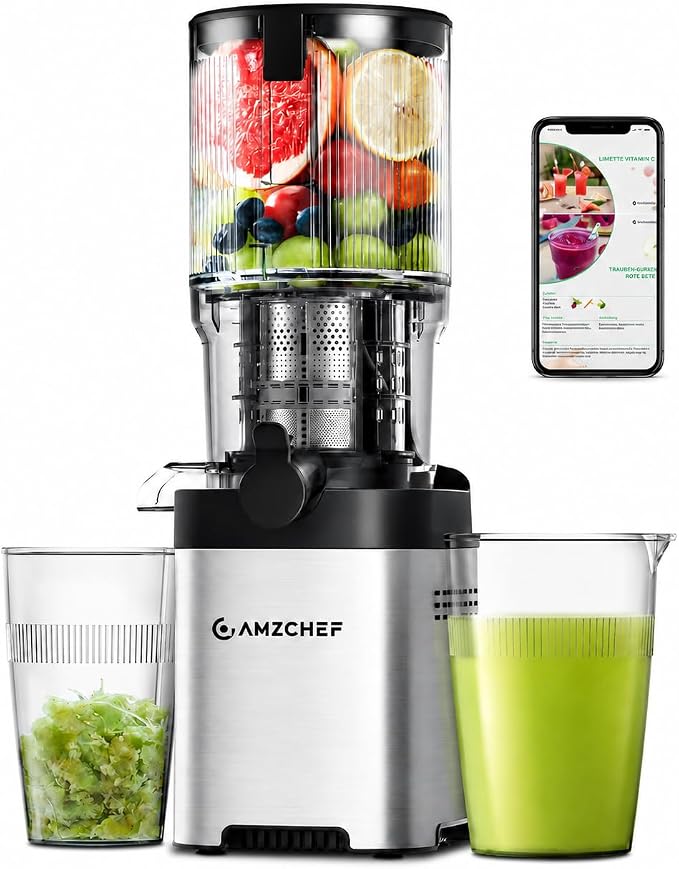 AMZCHEF Cold Press Juicer, 5.4" Whole Fruit Self-Feeding Slow Juicer | Stainless Steel Slow Masticating Juicer Easy to Clean | Triple Strainers | Large Auger | High Yield