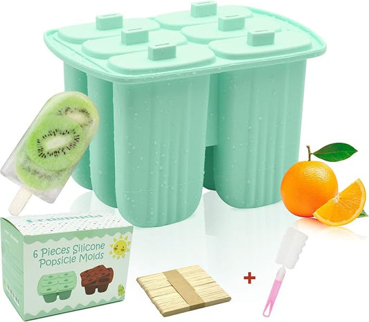 6 Pieces Silicone Popsicle Molds,Easy-Release Bpa-Free,Ice Pop Mold,Ice Cream Molds For Kids,With 50 Pcs Popsicle Sticks+Cleaning Brush(Green）