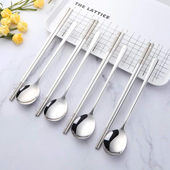 Buyer Star 4 Set Silver Square Chopsticks and Spoon Set Metal Stainless Steel Spoon Chopsticks Set