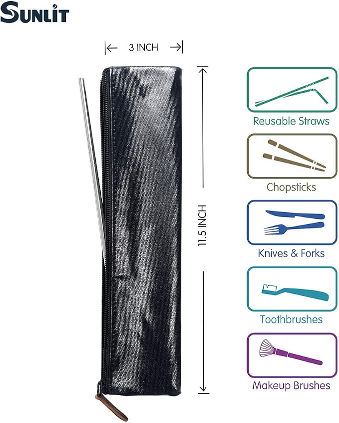 Sunlit 100% Waterproof Wipe Clean Hygienic Carrying Case/Pouch for Reusable Straws - 2 set Black - For 10.5 inches Straws Silicone or Stainless Steel - Brush/Chopsticks Zipper Bag for Travel