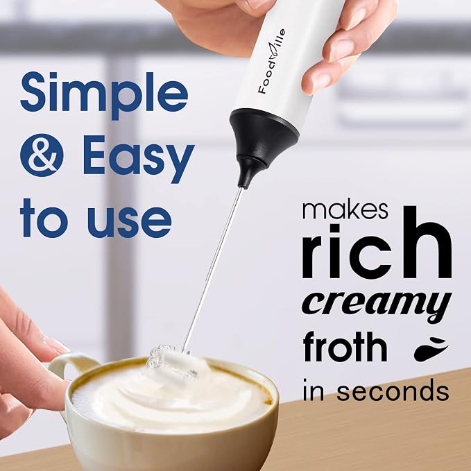 FoodVille MF05 Rechargeable Milk Frother USB Charging Handheld Foam Maker with Stainless Balloon Whisk for Cappuccino, Latte, Bulletproof Coffee, Keto Diet, Protein Powder, Matcha (White)