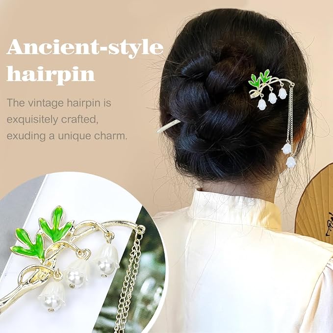 inSowni 8 Pieces Vintage Retro Asian Chinese Hanfu Gold Metal Hair Sticks Pins with Pearl Pendants Bamboo Leaf Flower Fishtail Hair Chopsticks Forks Bun Updo Holders Long Hairpins for Women Girls