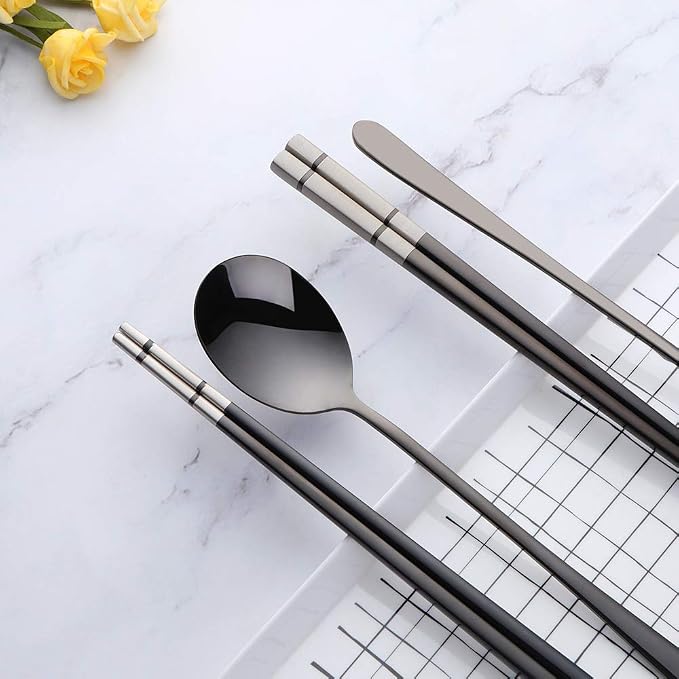 Buyer Star 4 Set Black Square Chopsticks and Spoons Set Metal Stainless Steel Spoons Chopsticks Set
