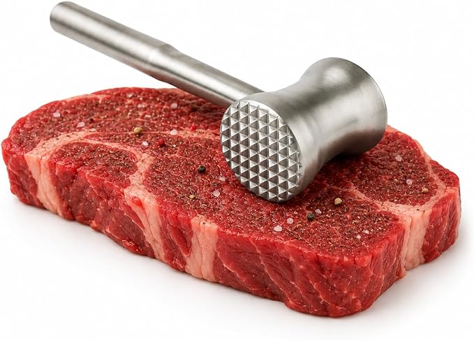 304 Stainless Steel Tenderizer Mallet Dual-Sided Hammer, Heavy Duty Pounder Tool for Steak, Beef & Chicken Cutlets, Textured Grip Kitchen Mallet, Dishwasher Safe Beater for Cooking