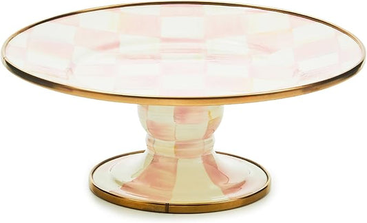MACKENZIE-CHILDS Enamel Pedestal Platter, Round Cake Stand, Mini, Pink-and-White Rosy Check