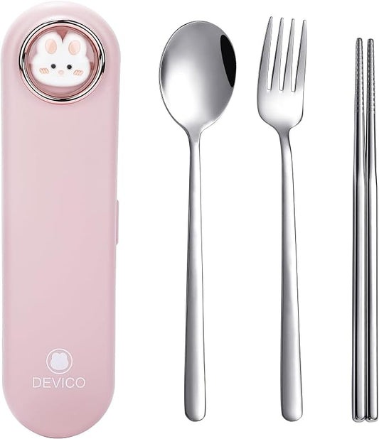 DEVICO Travel Utensils with Case Cute, Reusable Silverware for Lunch, 4Pcs Portable Cutlery Set, 18/8 Stainless Steel Fork Spoon Chopsticks in Cartoon Case, Dishwasher Safe (Pink)