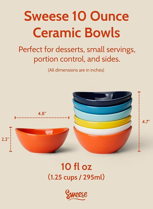 Sweese 10 oz Small Porcelain Bowls - Set of 6 - Ceramic Serving Bowls versatile for Cereal, Fruit, Dessert, Ice Cream, Snack & Yogurt - Rainbow Colored
