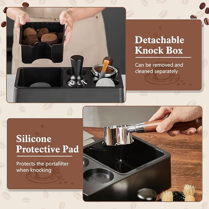 Y-Step Espresso Knock Box, 8 in 1 Espresso Tamping Station ABS Coffee Tamper Station Base Espresso Accessories Organizer Box for Storage 51-58MM Espresso Tamper, Distributor, Portafilter & Puck Screen