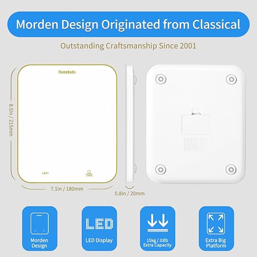 Homebuds 33lb Digital Food Scale Grams and Ounces in 1g, High Precision Assured by Kitchen Scale Professional Factory Since 2001, Gram Scale for Cooking and Baking, LED, 3*AAA, White by Golden Line