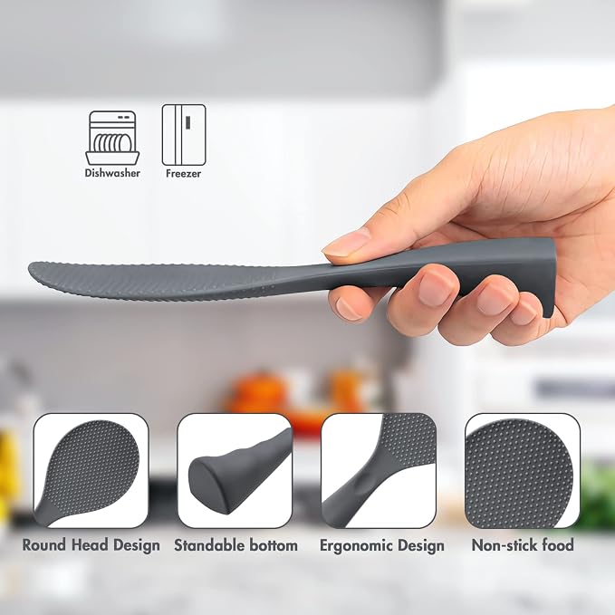 Silicone Standing Rice Spatula with Non-Stick Paddle, Heat Resistant Rice Cooker Spoon, Serving Spoon - Space Gray