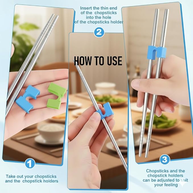 Titanium-plated stainless steel chopsticks with Training Helpers - Premium Reusable Non-Slip & Lightweight Metal Chopsticks Set, Dishwasher Safe, Furniture Kitchen Premium Gift Set (Silver）