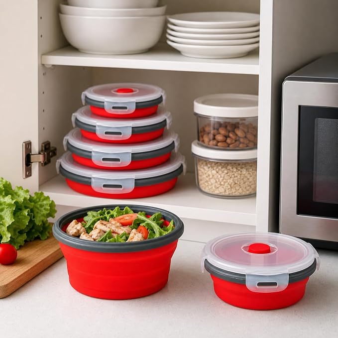Guyuyii 4 Pack Food-Grade Silicone Collapsible Bowls with Lids for Camping | BPA-Free Round Nesting Set for RV Travel, Hiking, and Outdoor Recreation Activities | Microwave, Freezer, Dishware Safe