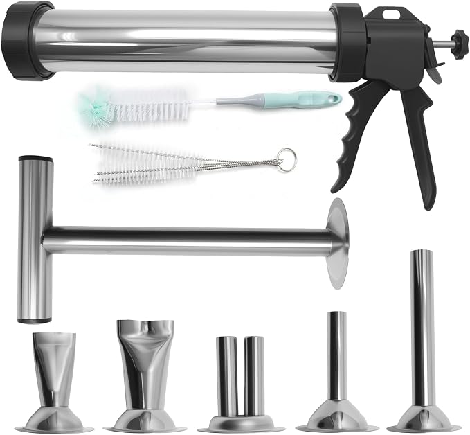Hoypeyfiy Stainless Steel Jerky Gun Sausage Maker Sausage Stuffer Handmade Beef Jerky Gun with 5 Stainless Nozzles Meat Pusher Cleaning Brushes Kit (2LB)