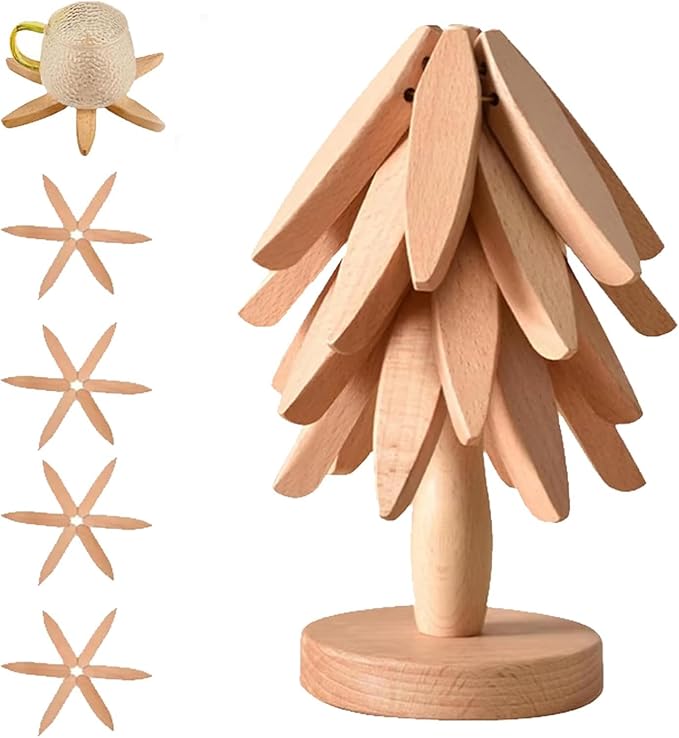 Natural Wood Tree Trivet Set, 𝐍atural Tree Trivet Set - 4 Wooden Trivets,4 Wooden 𝐓rivets & 1 Stand Like a Christmas Trees,for Hot Dish,Pot,Bowl,Teapot,Hot Pot Sets (Natural Wood 4 Trivets,1set)