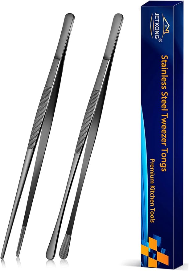 JETKONG 2 Pcs 10-Inch Kitchen Tweezers Tongs with Precision Serrated Tips, Stainless Steel Chef Tweezer Professional Cooking Tweezers for BBQ, Plating and Serving (10-Inch, Black)
