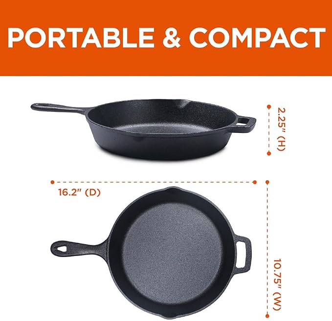 Commercial CHEF 10.25-Inch Cast Iron Skillet, Pre-Seasoned, CHFS1025 | Integrated Hanging Hole in Handle, Works on All Cooktops Including Induction, Outdoor Skillet for Campfires or Grills