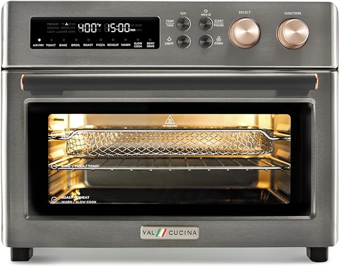 VAL CUCINA Infrared Heating Air Fryer Toaster Oven, Extra Large Countertop Convection Oven 10-in-1 Combo, 6-Slice Toast, Enamel Baking Pan Easy Clean with Recipe Book, Black Matte Stainless Steel