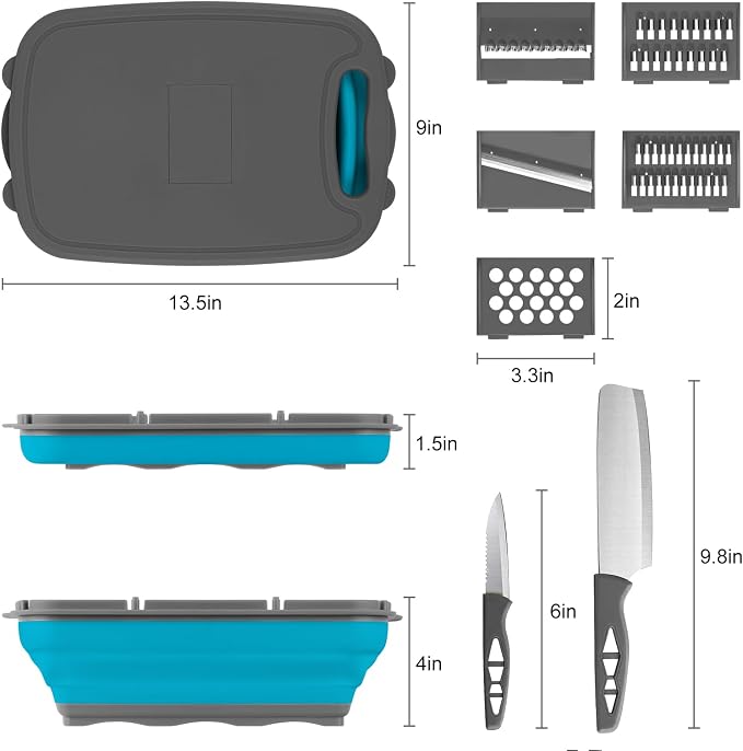 Gintan Collapsible Camping Cutting Board, 9-in-1 Chopping Board with Colander, Kitchen Vegetable Washing Basket for Camping, Camping Gifts Camping Accessories for RV Campers (Blue+Grey)