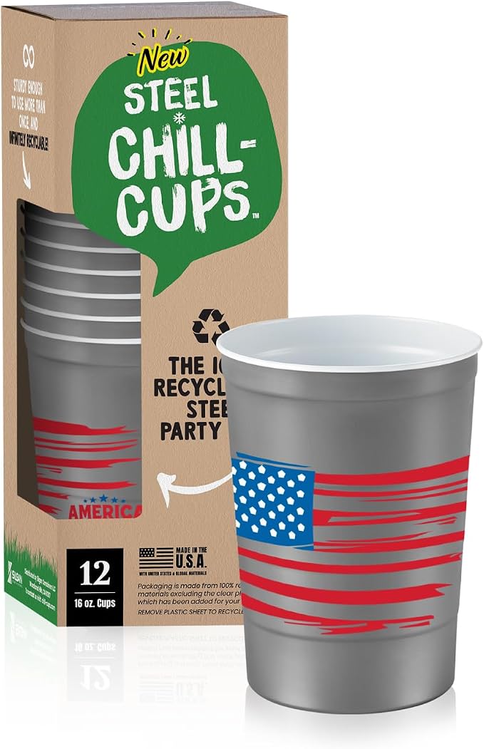 Steel Chill Cups 16 oz. Reusable Party Cups America the Beautiful, 12 Count | Made in USA from Steel these durable cups chill fast & keep your drink cold for longer, 100% recyclable for sustainablity