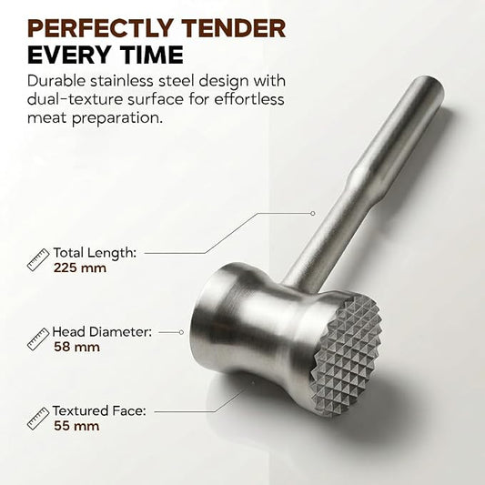304 Stainless Steel Tenderizer Mallet Dual-Sided Hammer, Heavy Duty Pounder Tool for Steak, Beef & Chicken Cutlets, Textured Grip Kitchen Mallet, Dishwasher Safe Beater for Cooking