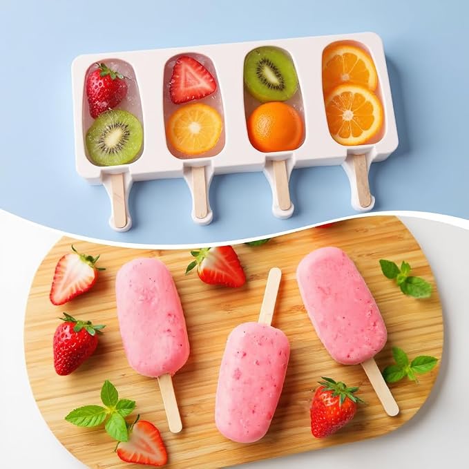 Popsicle Molds Set, 3 Silicone Ice Cream Bar Molds with 200 Wooden Sticks, Frozen Treats Molds Reusable, Non-stick, Easy to Use, Summer Treats, Kid Party, DIY Snacks
