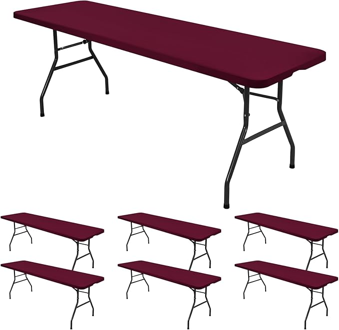 6 Pack Stretch Fabric Table Top Cap Cover, fits 8' Tables, Spandex Table Covers Washable Elastic Rectangle Tablecloth Protector for Indoor Outdoor Party Picnic Wedding, Wine Red, 30" W x 96" L