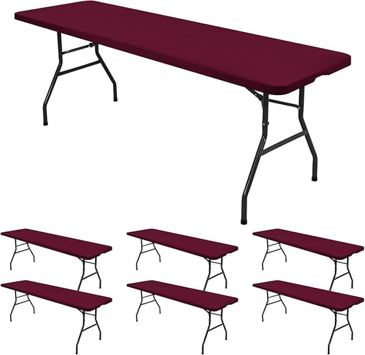 6 Pack Stretch Fabric Table Top Cap Cover, fits 8' Tables, Spandex Table Covers Washable Elastic Rectangle Tablecloth Protector for Indoor Outdoor Party Picnic Wedding, Wine Red, 30" W x 96" L