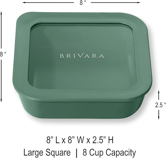 Ceramic Coated Glass Food Storage Container | No PTFE, PFOA, PFAS, and BPA | Reusable Non Toxic Meal Prep Container with Glass Lid | Easy To Store | 8 Cup Square [Pine]