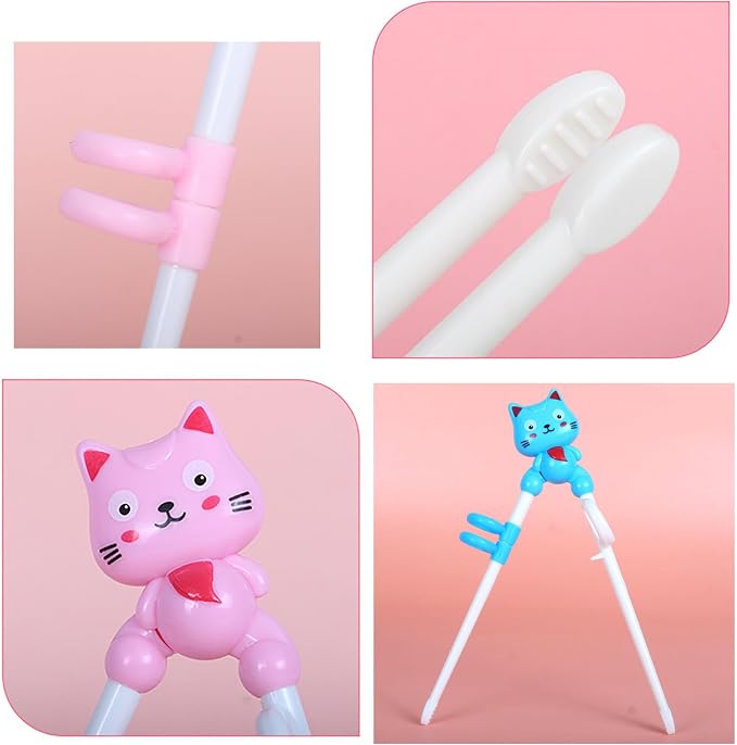 2Pairs Chopsticks, Learning Helper Practice Training Chopsticks Gift with Animals (cat pink +blue)
