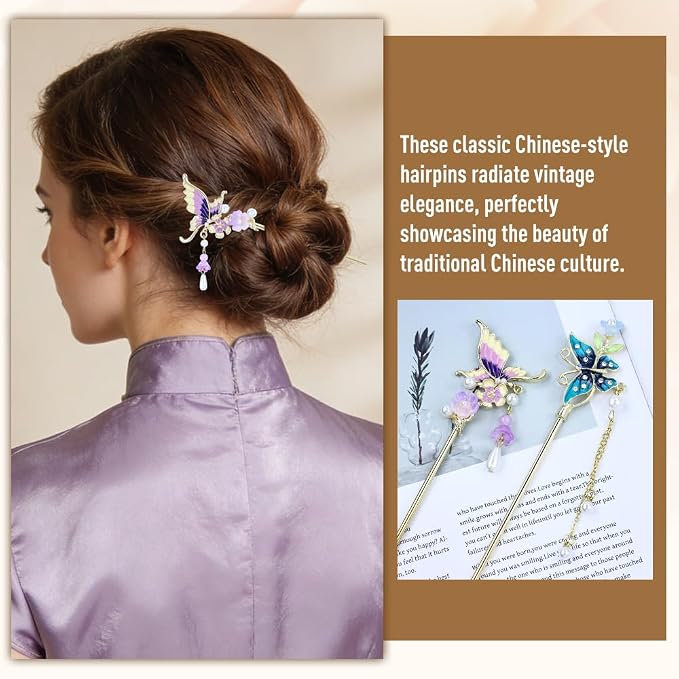 inSowni 8 Pieces Retro Asian Chinese Traditional Hanfu Gold Metal Fan Lotus Flower Butterfly Hair Pins with Bead Pendants Long Hair Sticks Forks Bun Updo Holders Hairpins for Women Girls (8PCS S6)