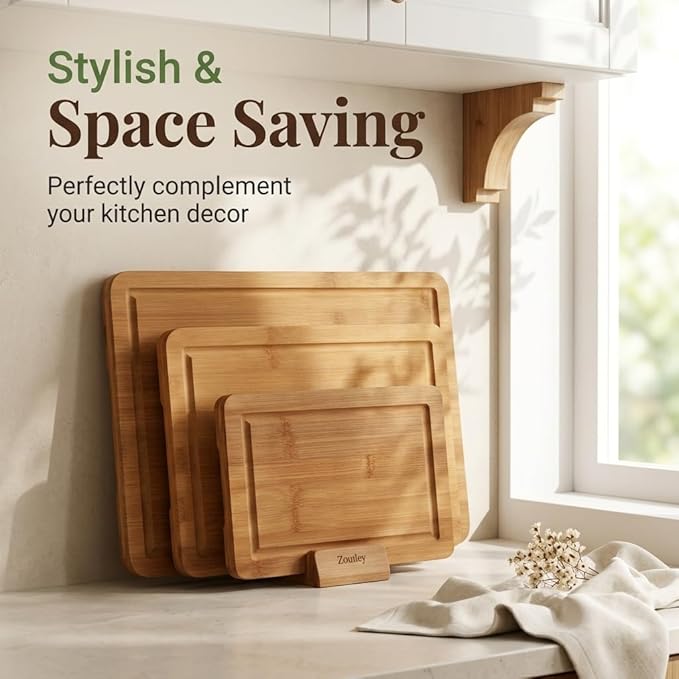 3-Piece Deep Carbonized Bamboo Cutting Board Set with Vertical Drying Stand | Wooden Chopping Boards for Kitchen | Extra Deep Juice Grooves & Easy-Carry Side Handles | Gift-Ready
