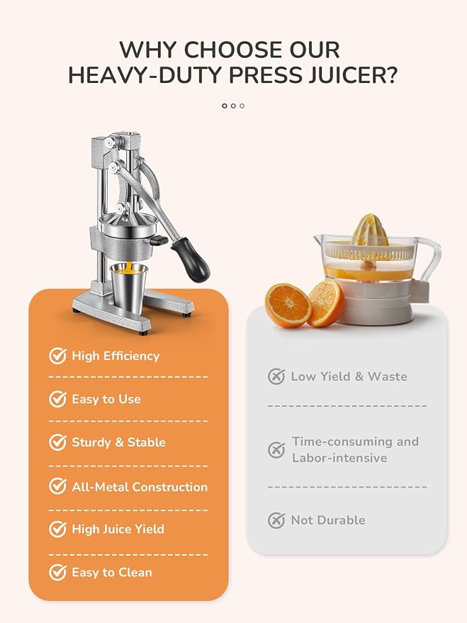 QCen Manual Citrus Juicer Cast Iron Heavy Duty Orange Press | Stainless Steel Strainer, Hand Squeezer, Easy To Clean, For Orange, Lemon, Lime And Grapefruit, Silver