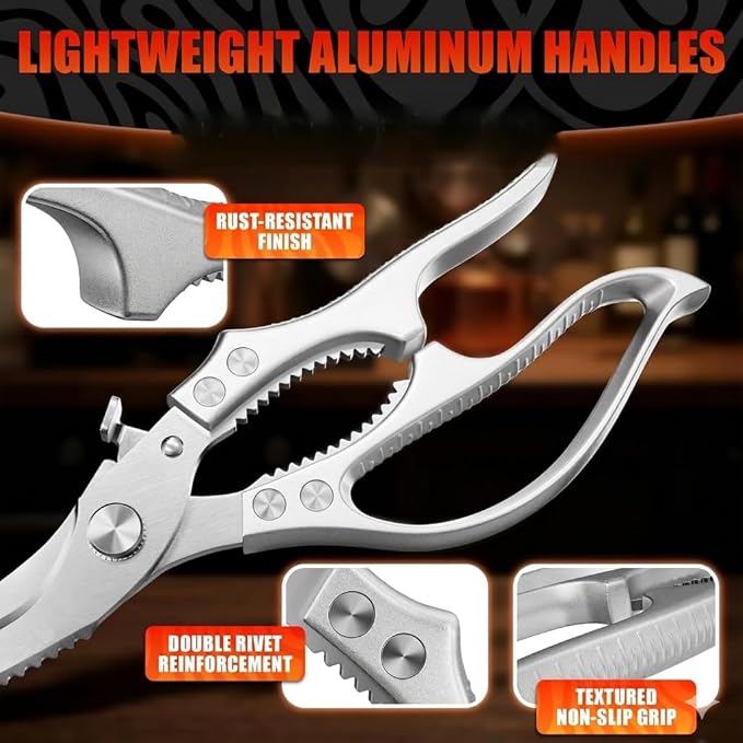Stainless Steel Poultry Shears, Hardened Blades, Safety Lock | Heavy Duty Kitchen Shears for Food with Nutcracker and Fish Descaler; Spring-Loaded to Cut Chicken, Turkey, Meat and Bone
