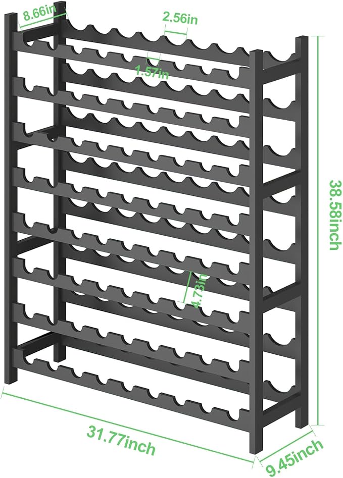 Bamboo Large Wine Rack, 8-Tier Freestanding Floor Bottle Storage Holder | 72-Bottle Storage | Wooden Wine Storage Organizer Shelves for Kitchen Bar, Cellar, & Dining Room | Black | Anti-Tip Kit